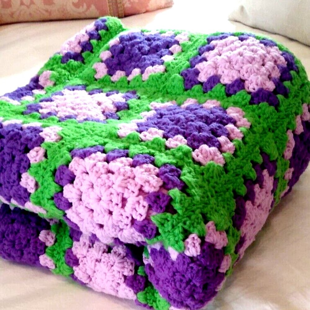 Vintage Lime Green & Purple Crochet Crib Throw Blanket 1970’s handmade